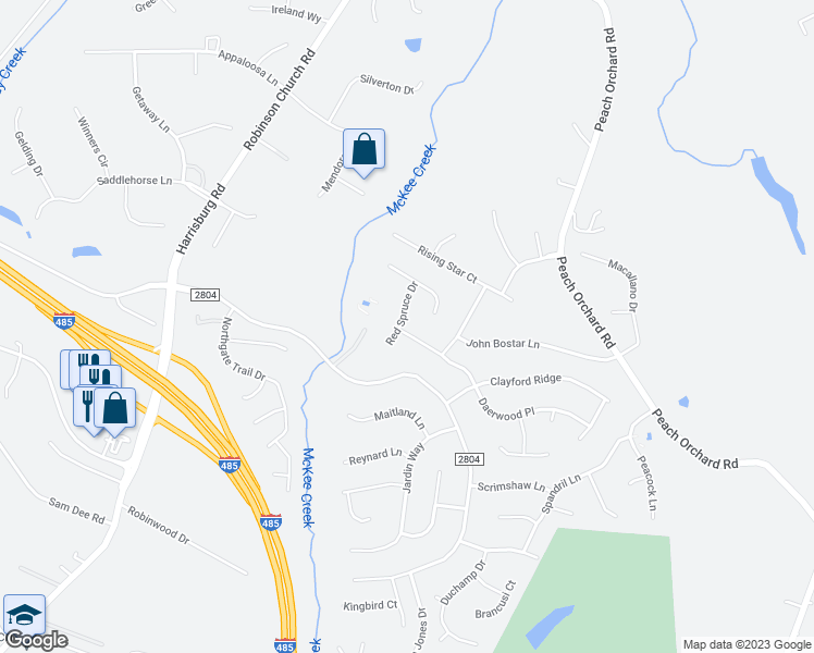 map of restaurants, bars, coffee shops, grocery stores, and more near 7346 Daerwood Place in Charlotte