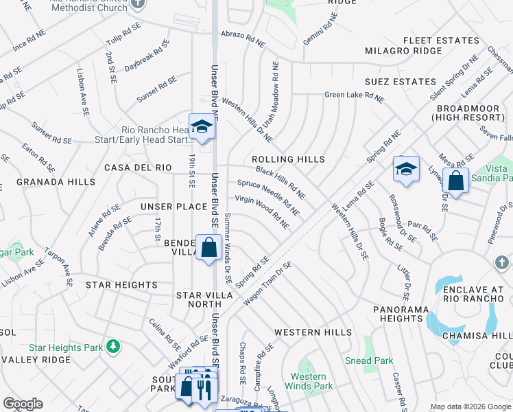 map of restaurants, bars, coffee shops, grocery stores, and more near 2110 Virgin Wood Road Northeast in Rio Rancho