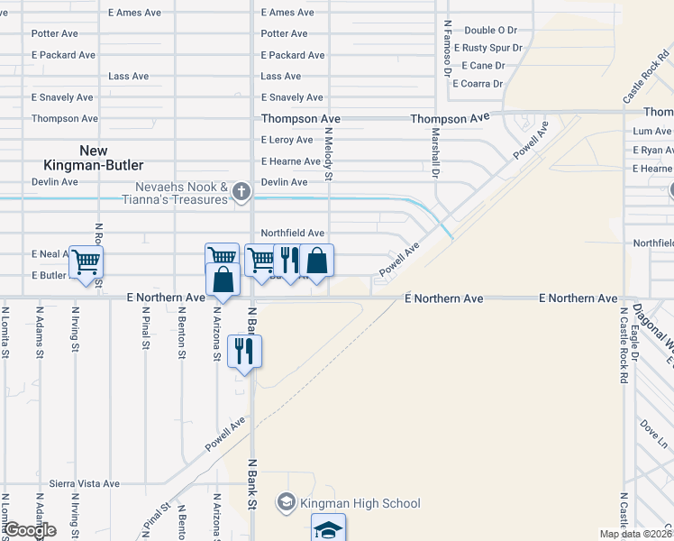 map of restaurants, bars, coffee shops, grocery stores, and more near 2674 Roundup Hc 30 in Kingman