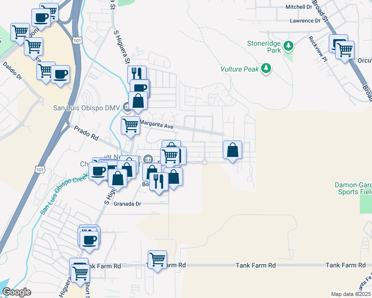 map of restaurants, bars, coffee shops, grocery stores, and more near 316 Junipero Way in San Luis Obispo