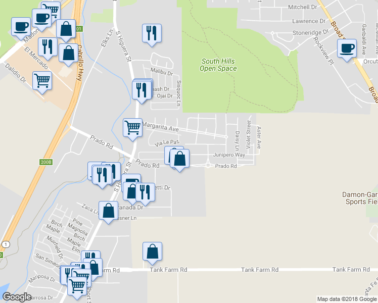 map of restaurants, bars, coffee shops, grocery stores, and more near 316 Junipero Way in San Luis Obispo