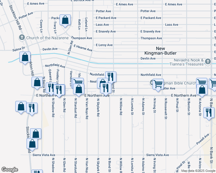 map of restaurants, bars, coffee shops, grocery stores, and more near 2170 E Butler Ave in Kingman