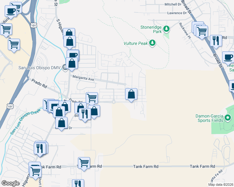 map of restaurants, bars, coffee shops, grocery stores, and more near 379 Junipero Way in San Luis Obispo