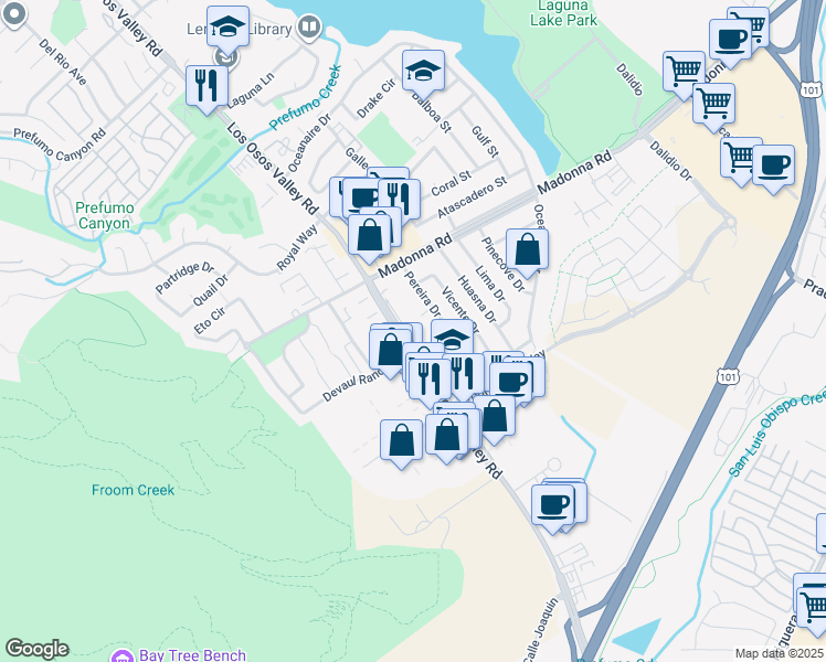 map of restaurants, bars, coffee shops, grocery stores, and more near 11860 Los Osos Valley Road in San Luis Obispo