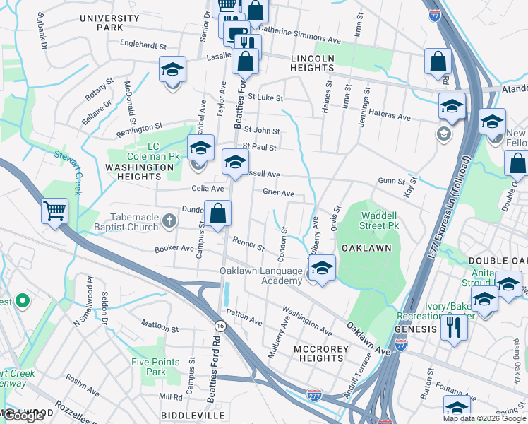 map of restaurants, bars, coffee shops, grocery stores, and more near 2012 Vinton Street in Charlotte