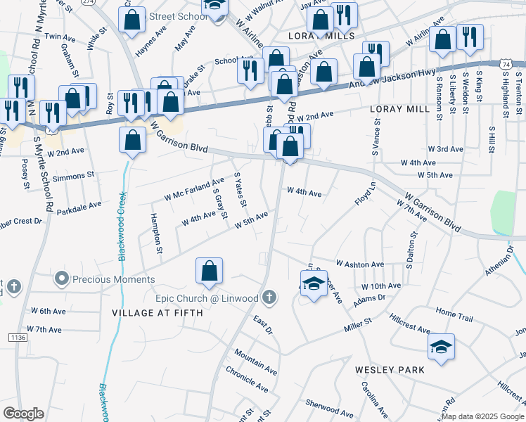 map of restaurants, bars, coffee shops, grocery stores, and more near 605 Linwood Road in Gastonia