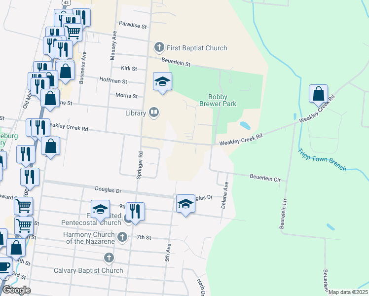 map of restaurants, bars, coffee shops, grocery stores, and more near 469 Weakley Creek Road in Lawrenceburg