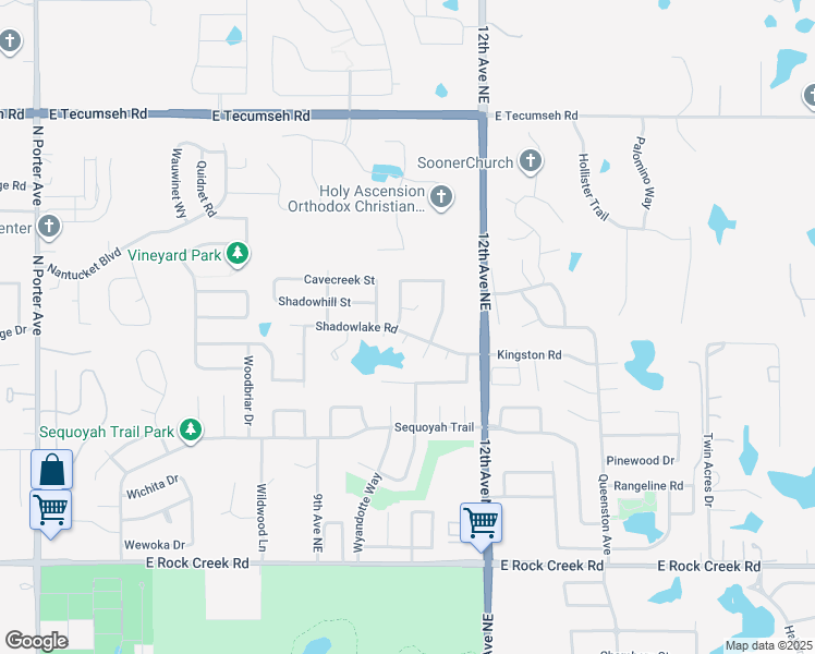 map of restaurants, bars, coffee shops, grocery stores, and more near 1031 Shadowlake Road in Norman