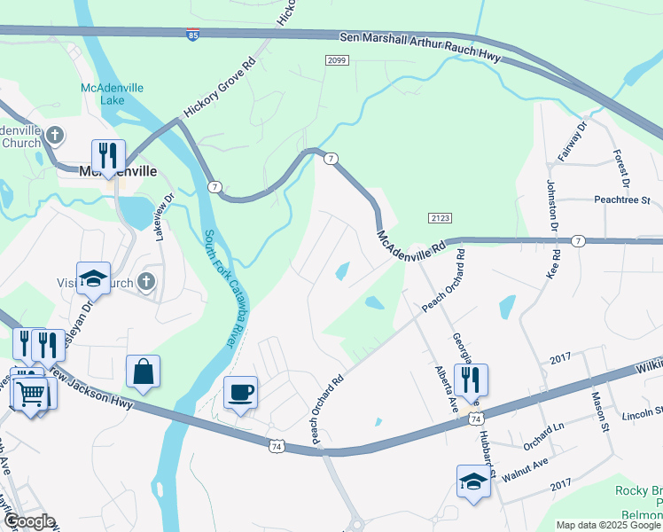 map of restaurants, bars, coffee shops, grocery stores, and more near 5124 Thomasville Drive in Belmont