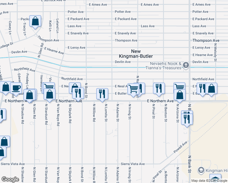 map of restaurants, bars, coffee shops, grocery stores, and more near 4501-4519 N Lomita St in Kingman