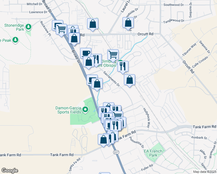 map of restaurants, bars, coffee shops, grocery stores, and more near 3591 Sacramento Drive in San Luis Obispo