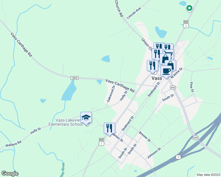 map of restaurants, bars, coffee shops, grocery stores, and more near 230 Oakwood Drive in Vass
