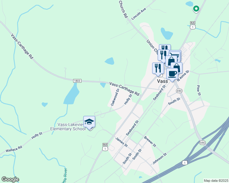 map of restaurants, bars, coffee shops, grocery stores, and more near 230 Oakwood Drive in Vass