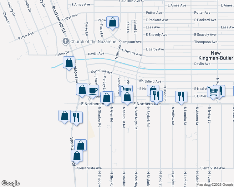 map of restaurants, bars, coffee shops, grocery stores, and more near 1652 East Butler Avenue in Kingman