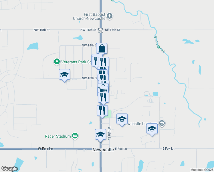 map of restaurants, bars, coffee shops, grocery stores, and more near 102 Northeast 9th Street in Newcastle