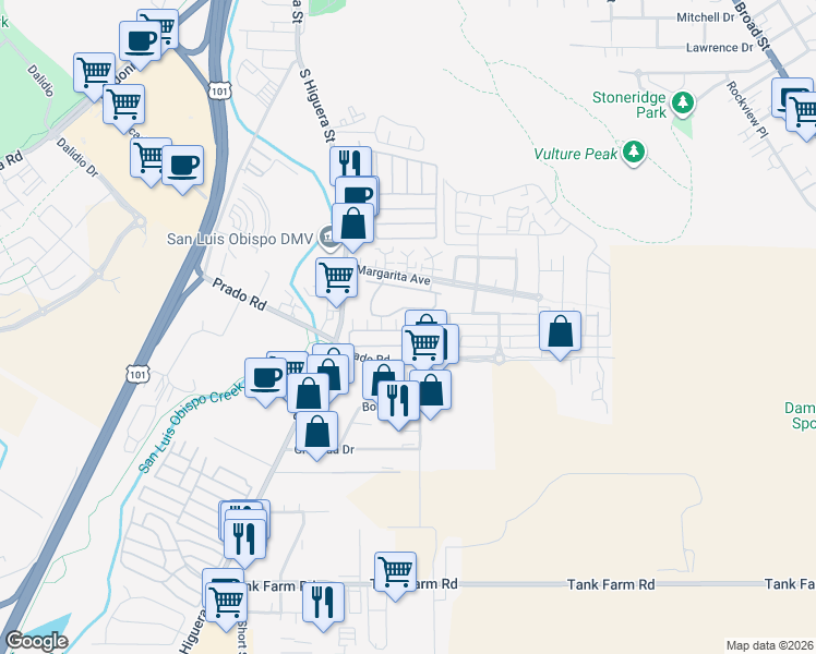 map of restaurants, bars, coffee shops, grocery stores, and more near 3395 South Higuera Street in San Luis Obispo