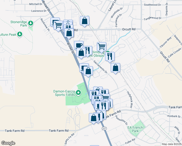 map of restaurants, bars, coffee shops, grocery stores, and more near 3594 Broad Street in San Luis Obispo