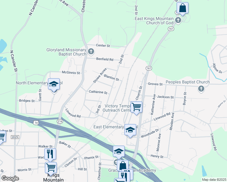 map of restaurants, bars, coffee shops, grocery stores, and more near 824 2nd Street in Kings Mountain