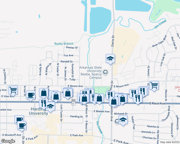 map of restaurants, bars, coffee shops, grocery stores, and more near 709 Melody Lane in Searcy