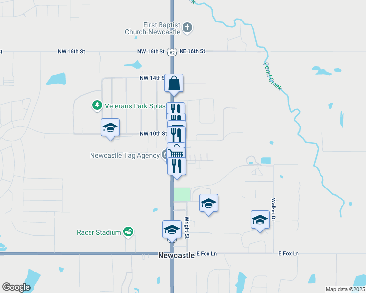 map of restaurants, bars, coffee shops, grocery stores, and more near 102 Northeast 9th Street in Newcastle