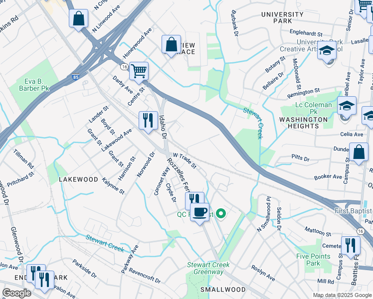 map of restaurants, bars, coffee shops, grocery stores, and more near 3400 Reno Avenue in Charlotte