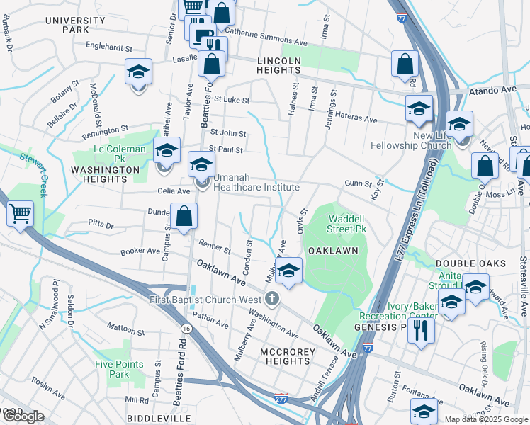 map of restaurants, bars, coffee shops, grocery stores, and more near 1822 Vinton Street in Charlotte