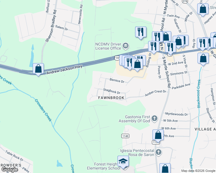 map of restaurants, bars, coffee shops, grocery stores, and more near 401 Mooseberry Lane in Gastonia