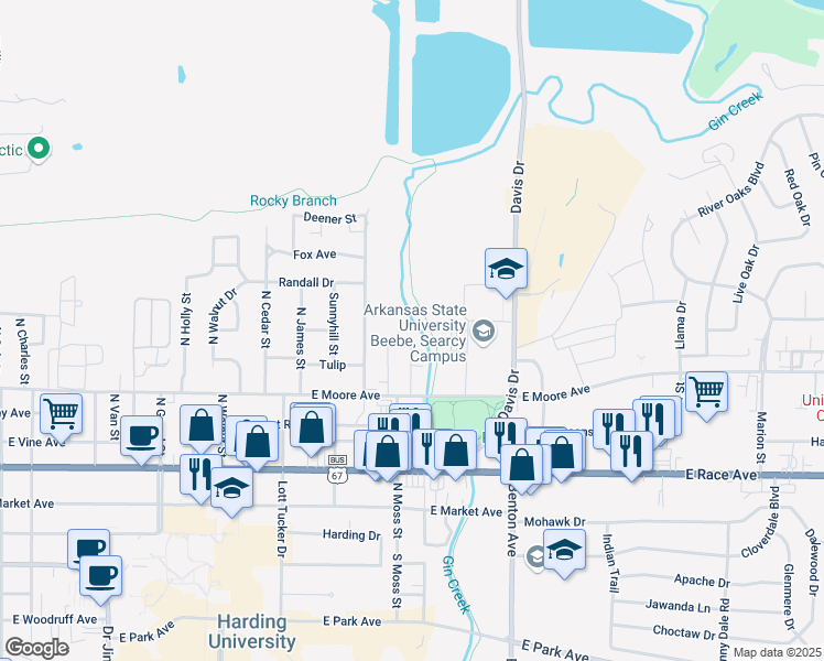 map of restaurants, bars, coffee shops, grocery stores, and more near 709 Melody Lane in Searcy