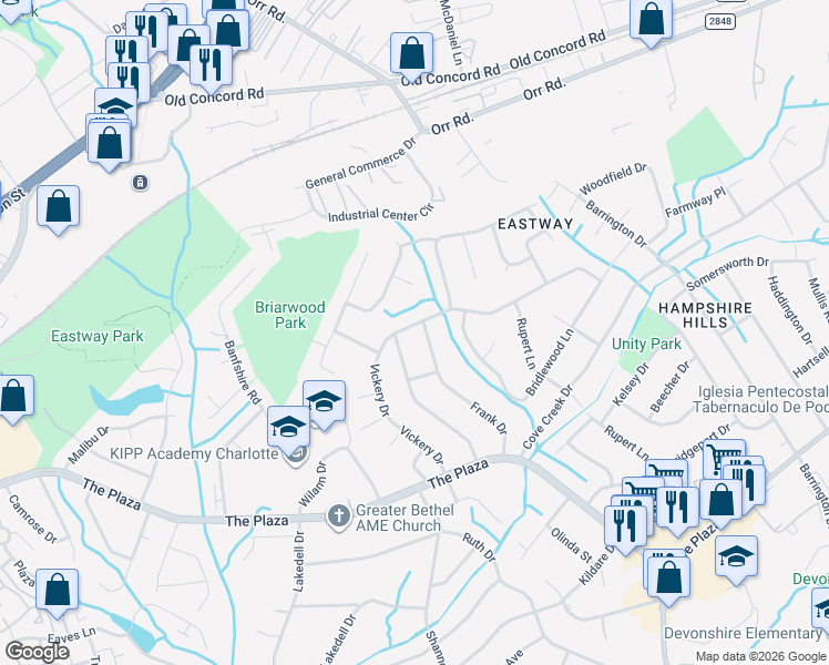 map of restaurants, bars, coffee shops, grocery stores, and more near 711 Vickery Drive in Charlotte