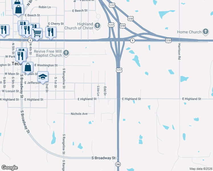 map of restaurants, bars, coffee shops, grocery stores, and more near 311 Edd Drive in Tecumseh