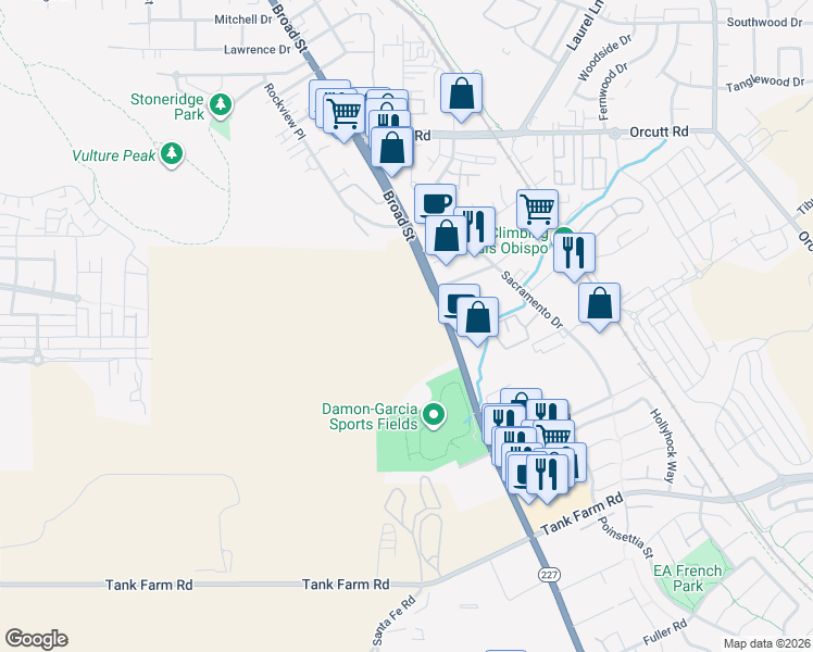 map of restaurants, bars, coffee shops, grocery stores, and more near 3615 Broad Street in San Luis Obispo
