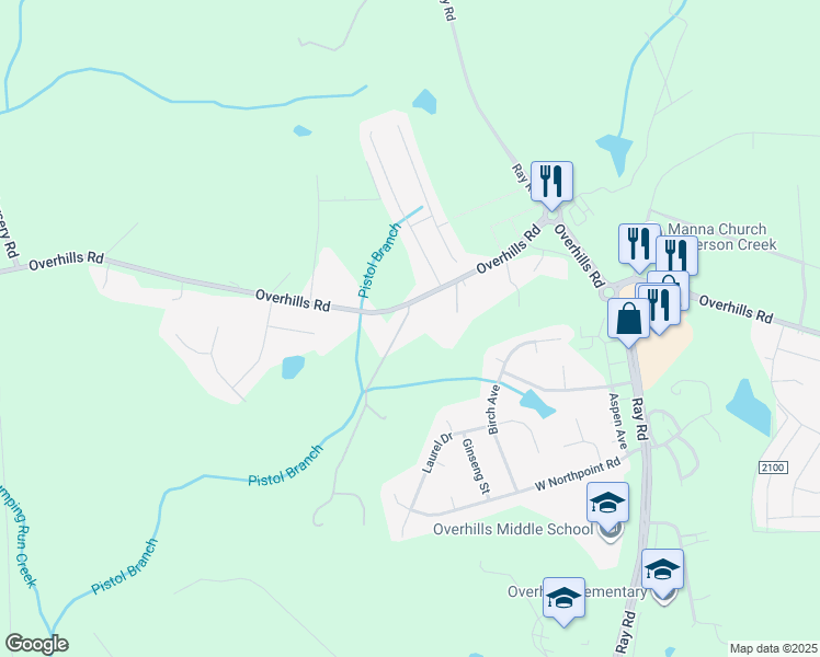 map of restaurants, bars, coffee shops, grocery stores, and more near 7441 Overhills Road in Spring Lake