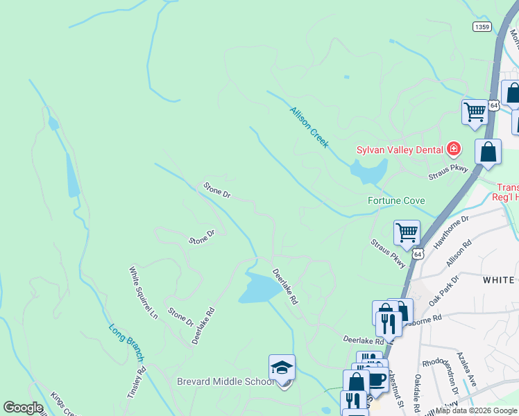 map of restaurants, bars, coffee shops, grocery stores, and more near 83 Stone Drive in Brevard
