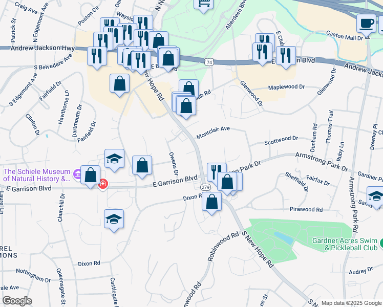 map of restaurants, bars, coffee shops, grocery stores, and more near 701 South New Hope Road in Gastonia