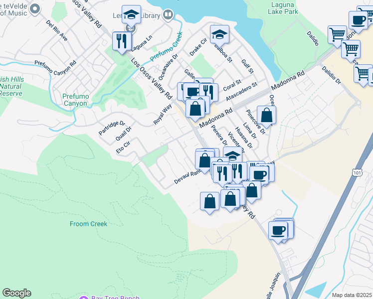 map of restaurants, bars, coffee shops, grocery stores, and more near 1720 Tonini Drive in San Luis Obispo