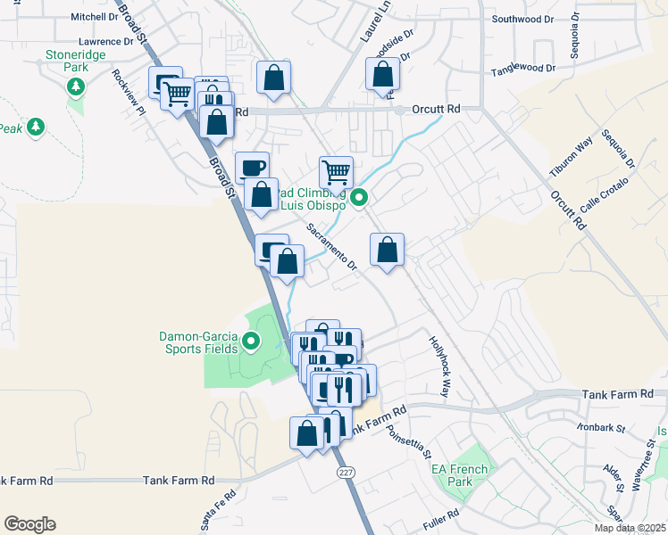 map of restaurants, bars, coffee shops, grocery stores, and more near 3591 Sacramento Drive in San Luis Obispo