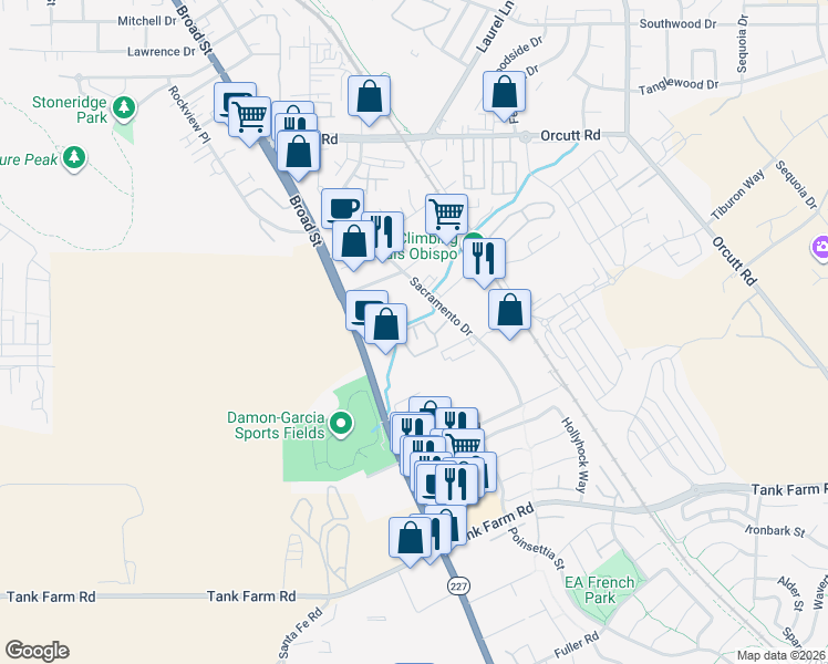 map of restaurants, bars, coffee shops, grocery stores, and more near 3591 Sacramento Drive in San Luis Obispo