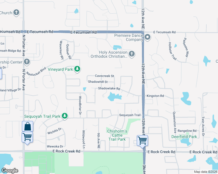 map of restaurants, bars, coffee shops, grocery stores, and more near 905 Shadowlake Road in Norman
