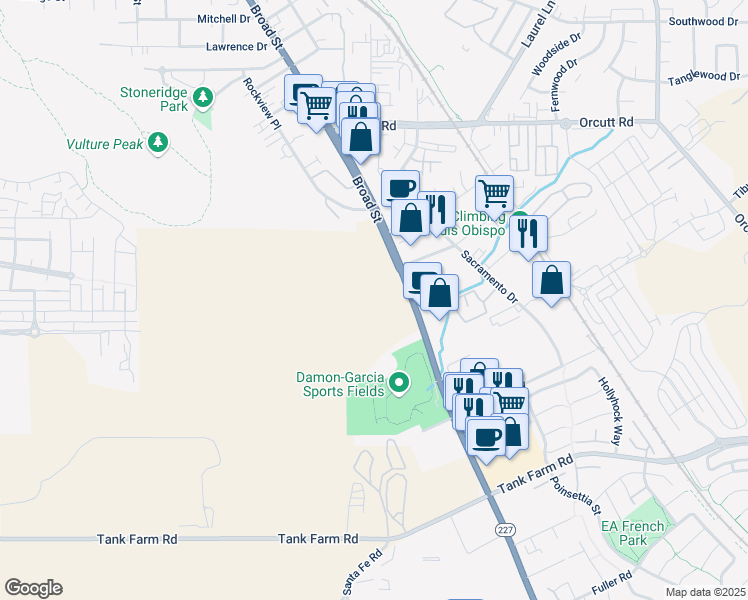 map of restaurants, bars, coffee shops, grocery stores, and more near 3615 Broad Street in San Luis Obispo
