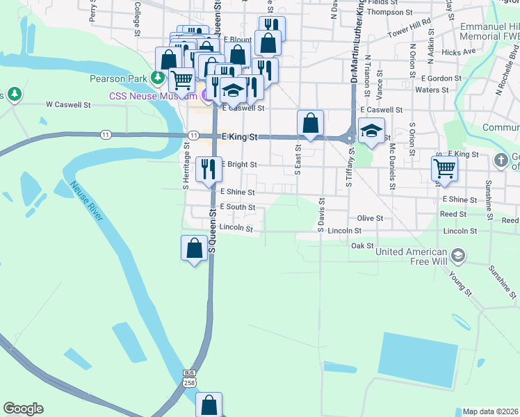 map of restaurants, bars, coffee shops, grocery stores, and more near 202 Lincoln Street in Kinston