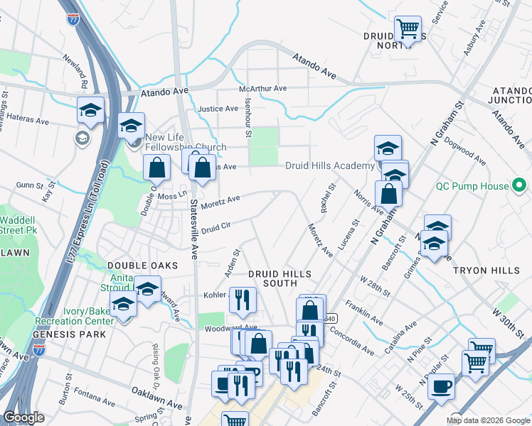 map of restaurants, bars, coffee shops, grocery stores, and more near 2404 Edison Street in Charlotte