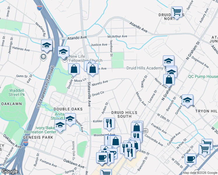 map of restaurants, bars, coffee shops, grocery stores, and more near 1017 Druid Circle in Charlotte
