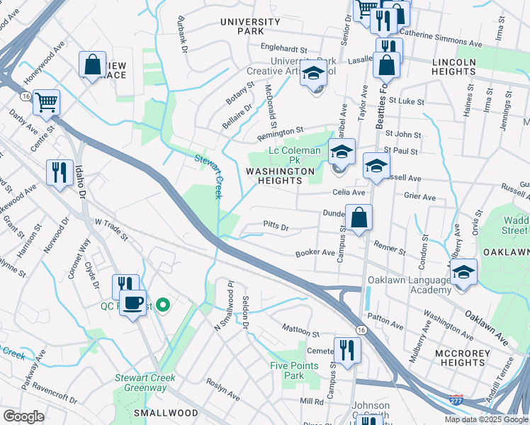 map of restaurants, bars, coffee shops, grocery stores, and more near 1015 Pitts Drive in Charlotte