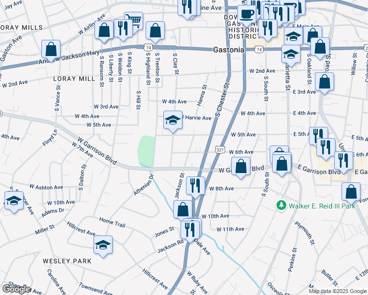 map of restaurants, bars, coffee shops, grocery stores, and more near 708 Jackson Street in Gastonia