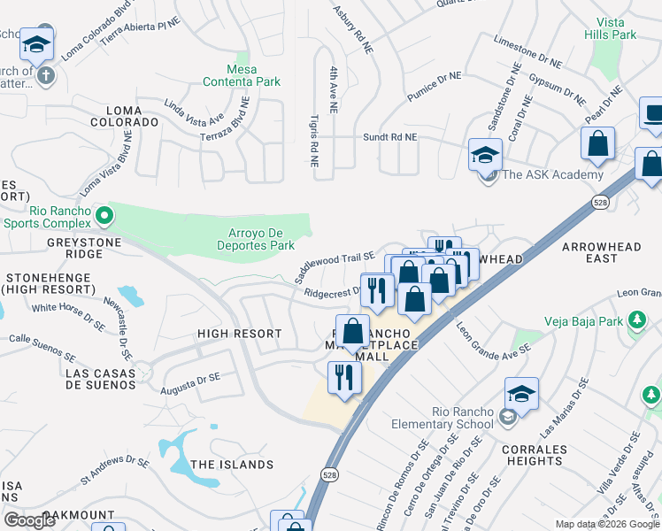 map of restaurants, bars, coffee shops, grocery stores, and more near 112 Elm Court Southeast in Rio Rancho