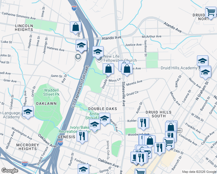 map of restaurants, bars, coffee shops, grocery stores, and more near 3318 Bending Birch Place in Charlotte