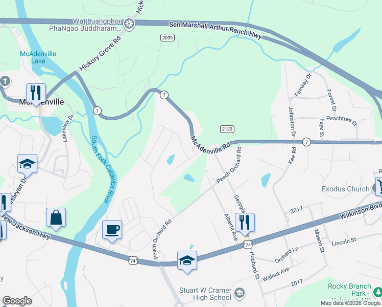 map of restaurants, bars, coffee shops, grocery stores, and more near 208 Peach Orchard Road in Belmont