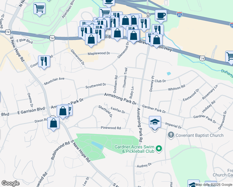 map of restaurants, bars, coffee shops, grocery stores, and more near 2421 Armstrong Park Drive in Gastonia