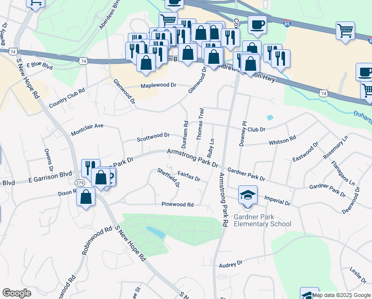 map of restaurants, bars, coffee shops, grocery stores, and more near 508 Dunham Road in Gastonia