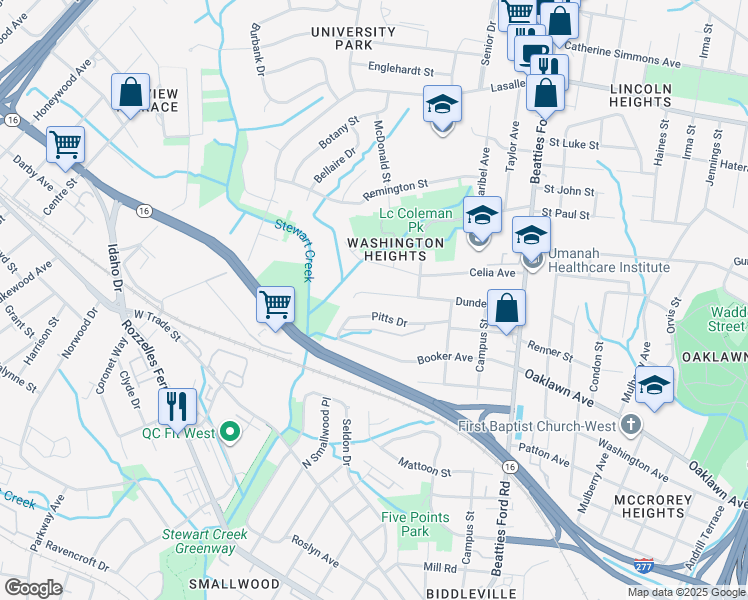 map of restaurants, bars, coffee shops, grocery stores, and more near 1015 Pitts Drive in Charlotte